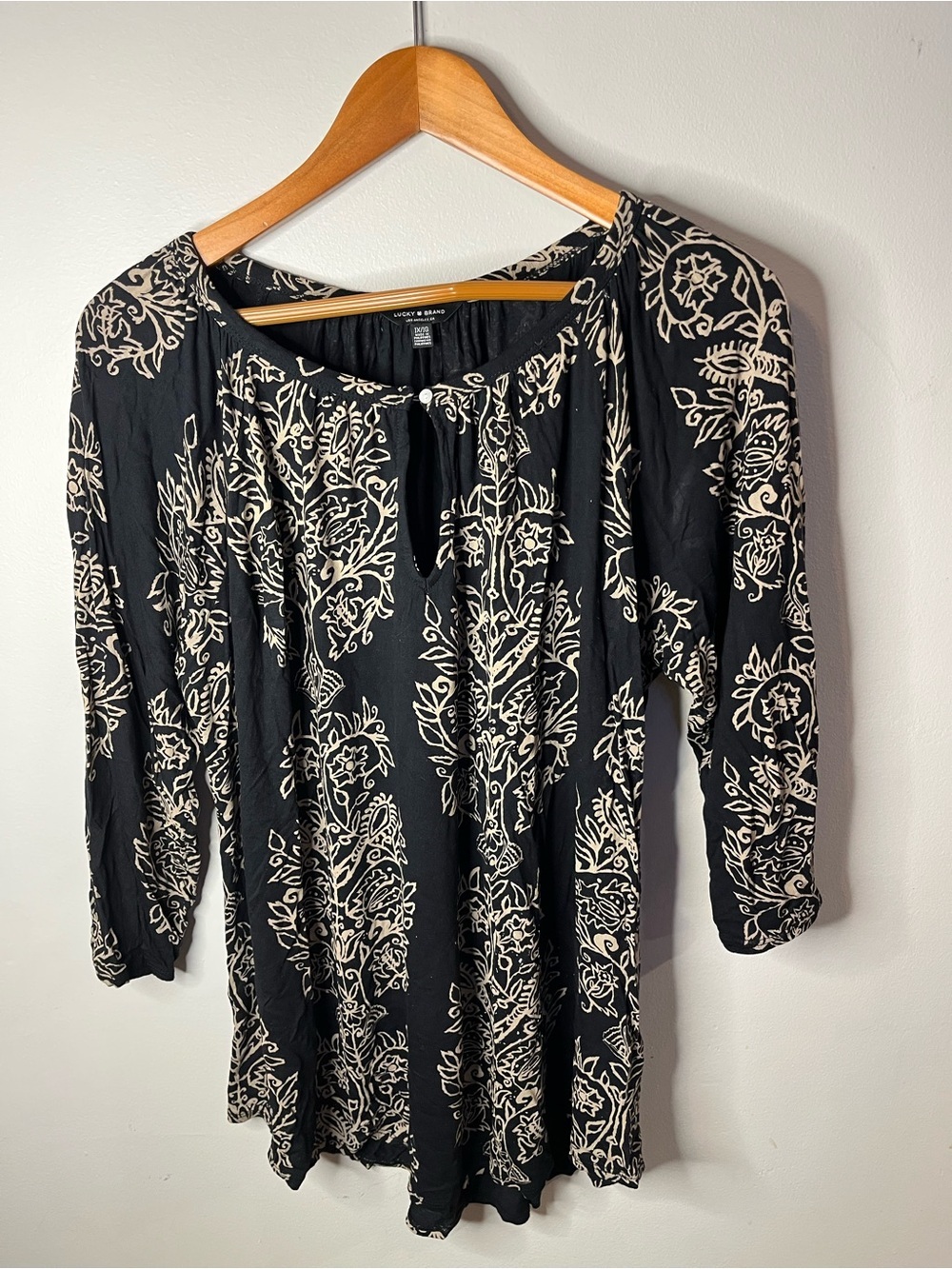Lucky Brand Front Closure Black Tunic Top with Tan Floral Accents
